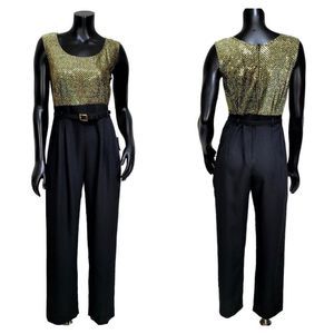 Vintage 90s does 70s John Roberts Gold Sequin Black Jumpsuit Sleeveless‎ Belted